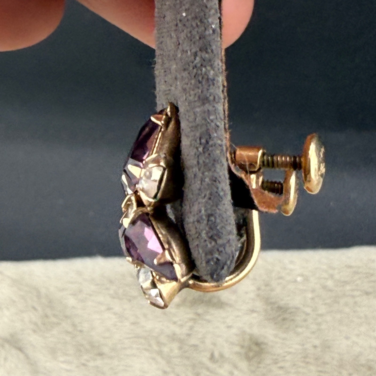 Vintage Gold Filled Screw Back Earrings Purple Rhinestone Signed Phyllis
