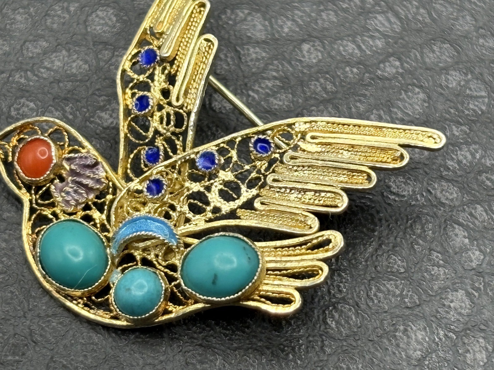 VTG Hummingbird Brooch Vermeil 925 Sterling Silver Turquoise Coral Blue Enamel