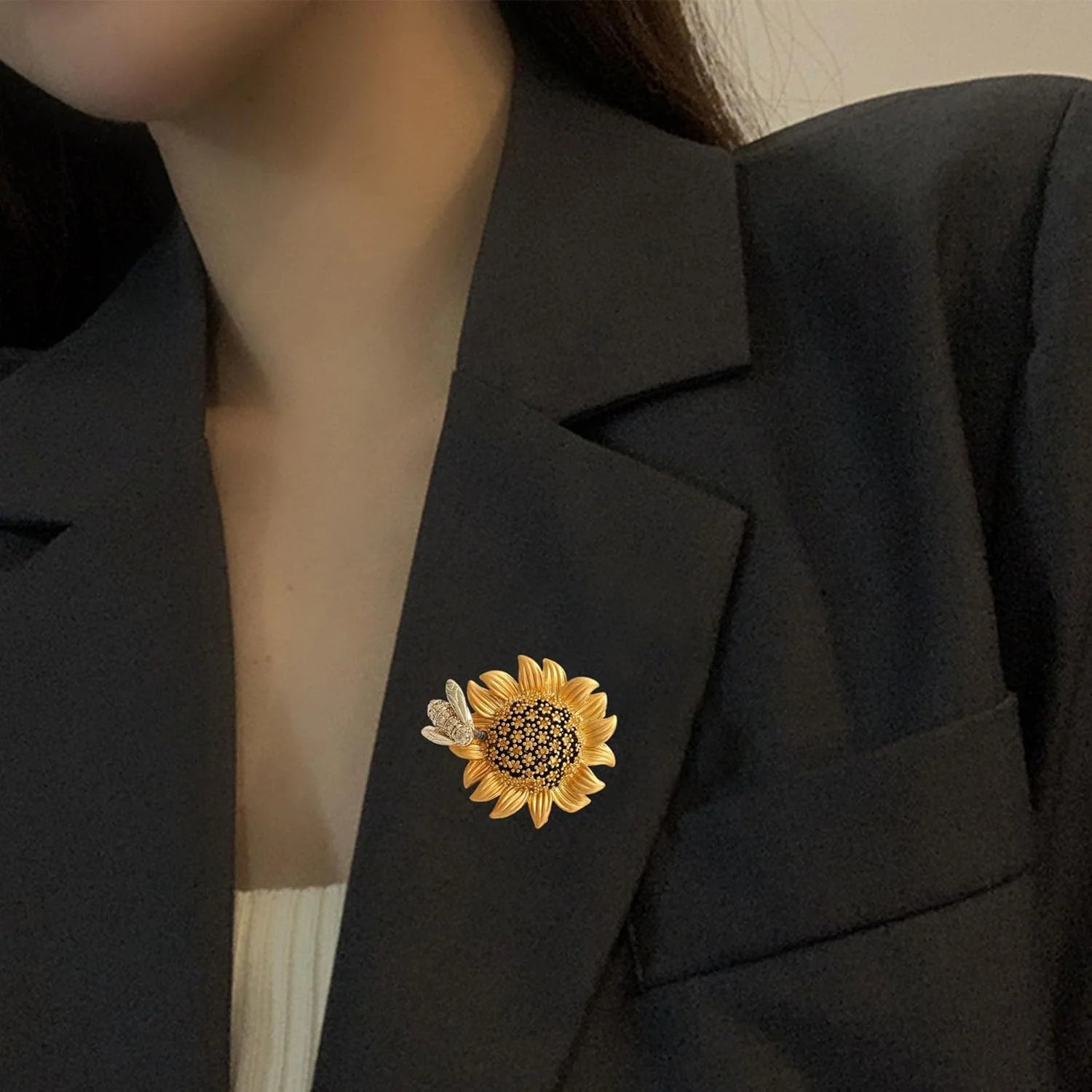 Sunflower Brooch Rhinestone Crystal Flower Pin, Vintage Yellow Daisy Enamel Bee