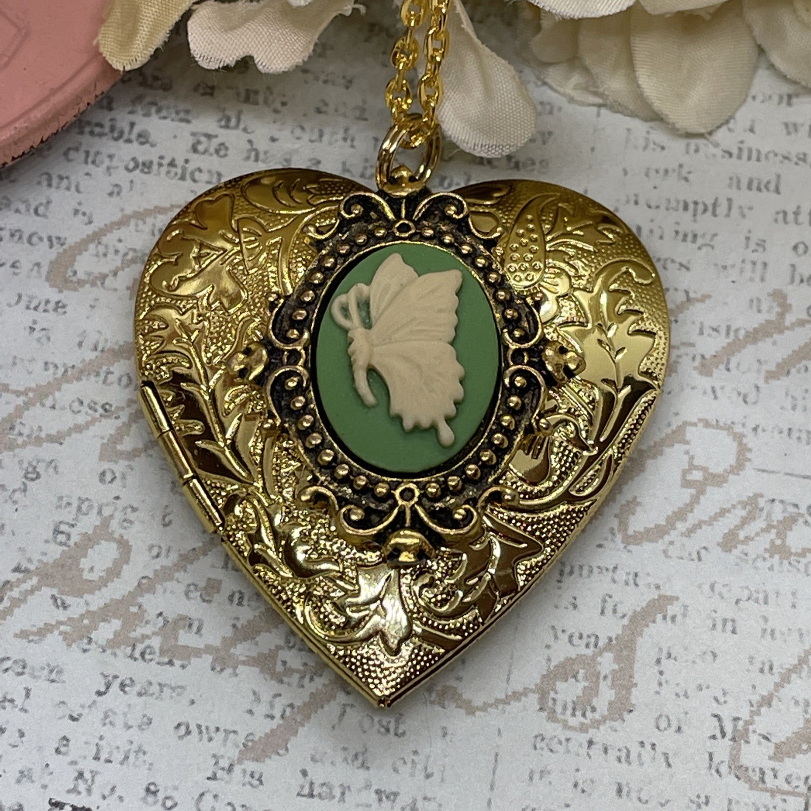 Gold Heart Locket Photo Birthday Anniversary Wedding Green Butterfly Necklace