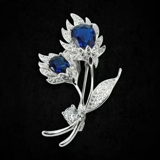 3Ct Pear Cut Lab Created Sapphire Flower Women Brooch Pin 14K White Gold Plated