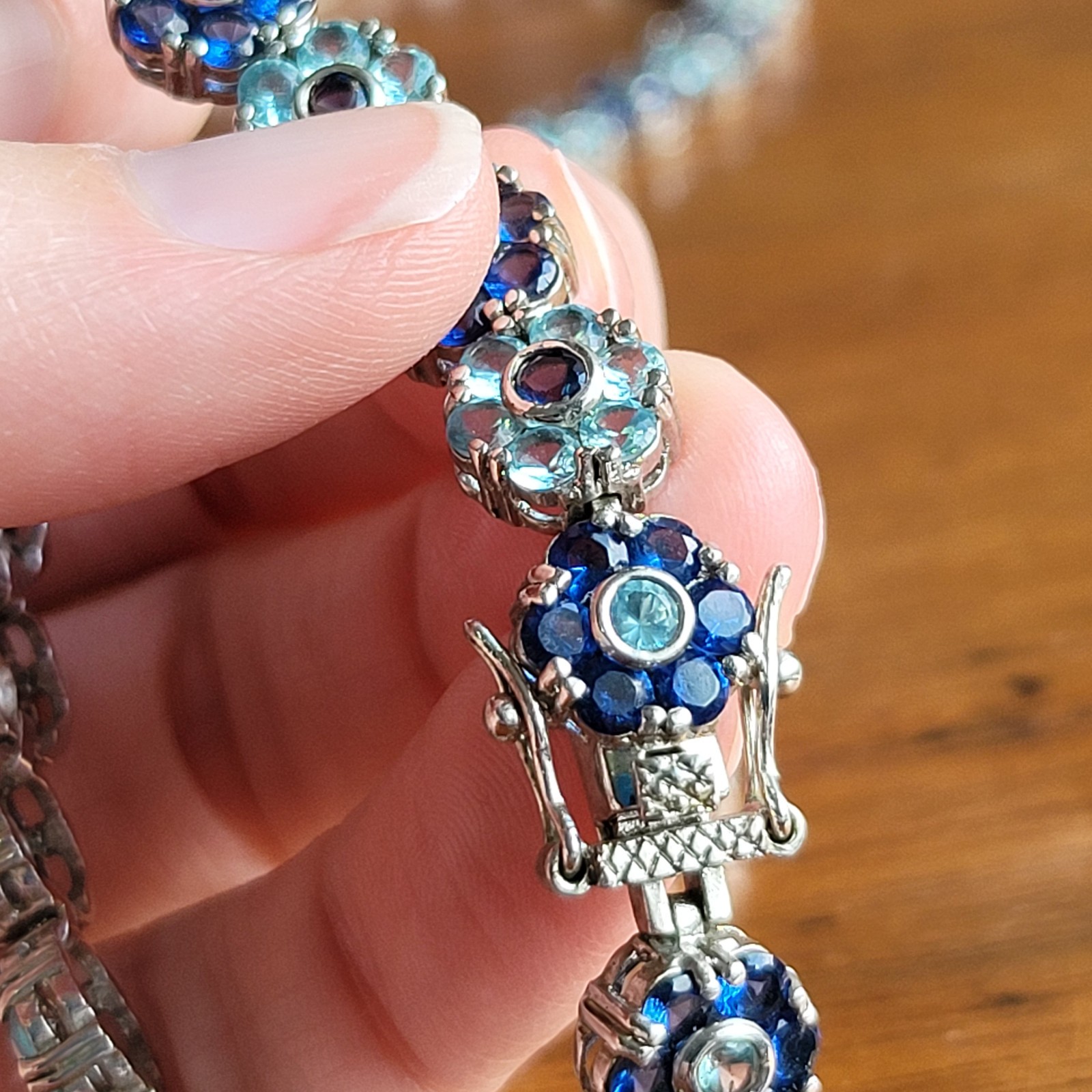 Silver Tone Blue Flower Necklace and Matching Bracelet Set Handmade