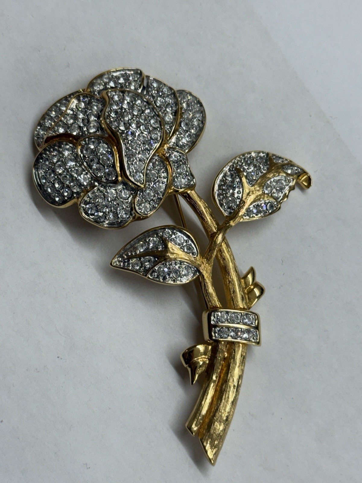 Vintage Nolan Miller Signed Gold Tone Rhinestone Rose Flower Brooch Pin