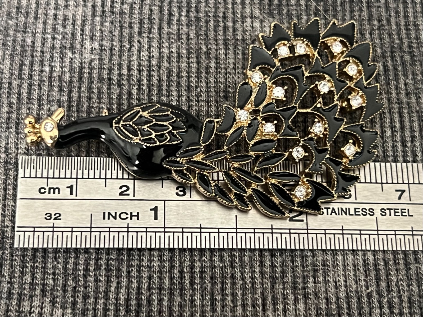 Vintage Enamel Rhinestone Peacock Era Brooch Gold Tone Black Gold Tone Bird Pin