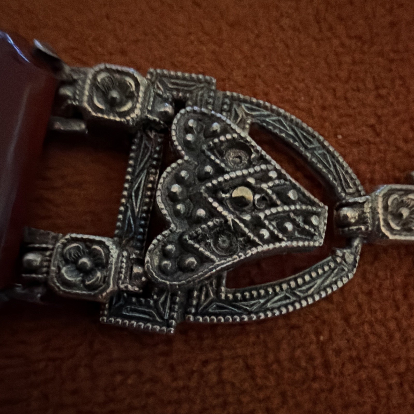 Vintage Art Deco Sterling Silver Carnelian Marcasite Panel Link Bracelet 1930s