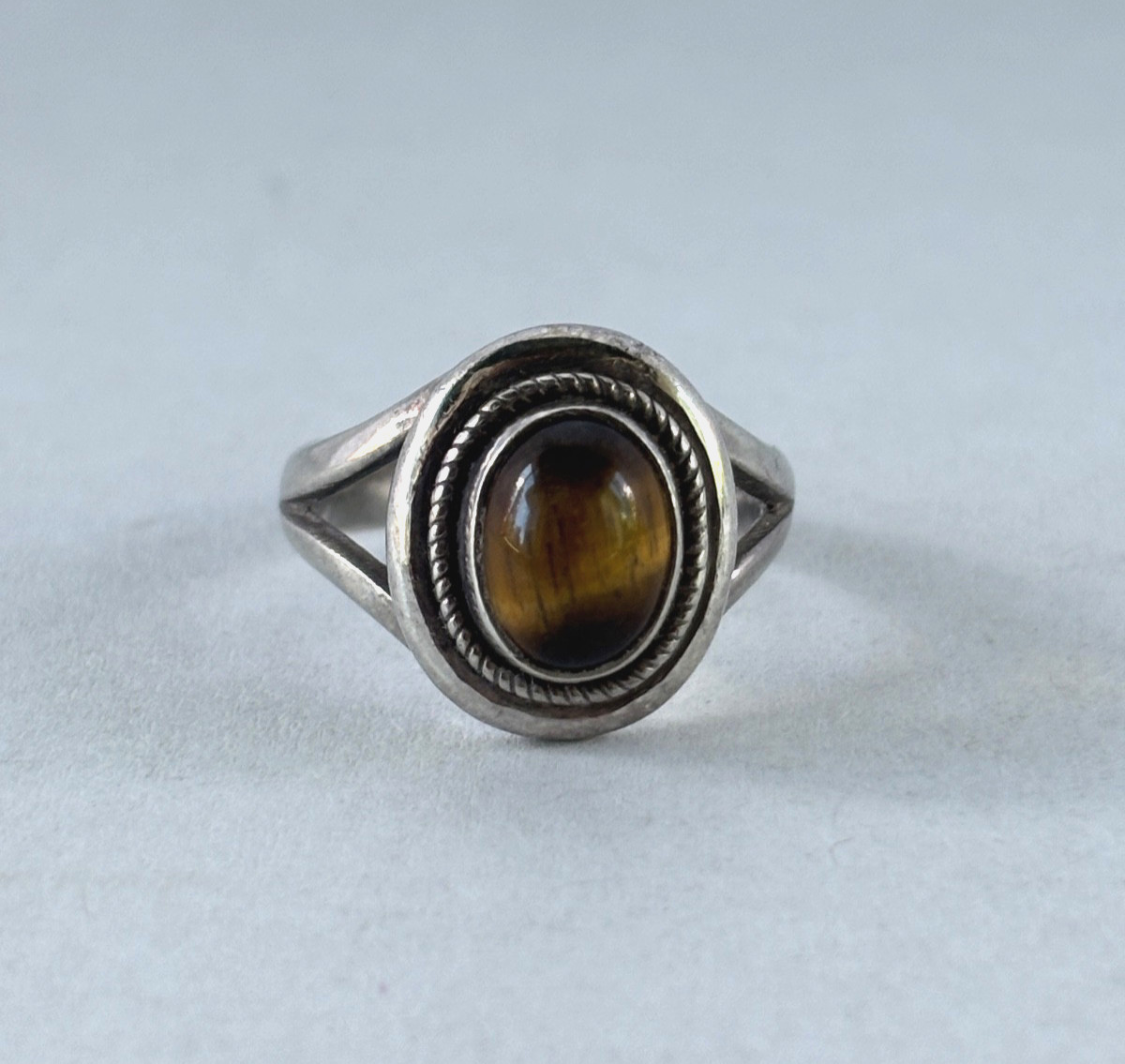 Vintage Sterling Silver and Tiger’s Eye Ring Size 6 Stamped 925 Silver Bezel Set