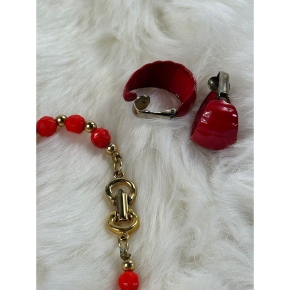 Vintage Red Faceted Bead Necklace and Matching Red Enamel Clip On Hoop Earrings