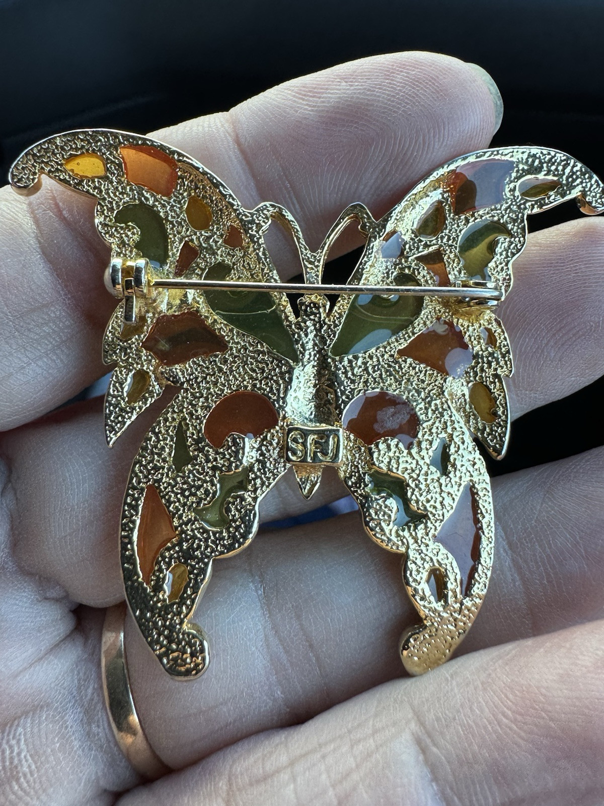 R. Steinmertz SFJ Butterfly Brooch Lapel Pin Goldtone Stained Glass 1970’s