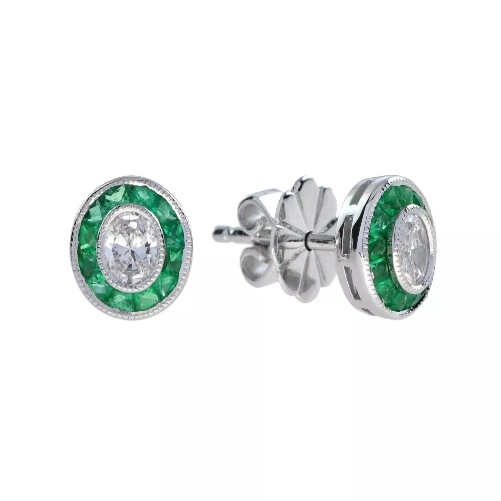 Art Deco Style Simulated Diamond Emerald Wedding Earring 14K White Gold FN