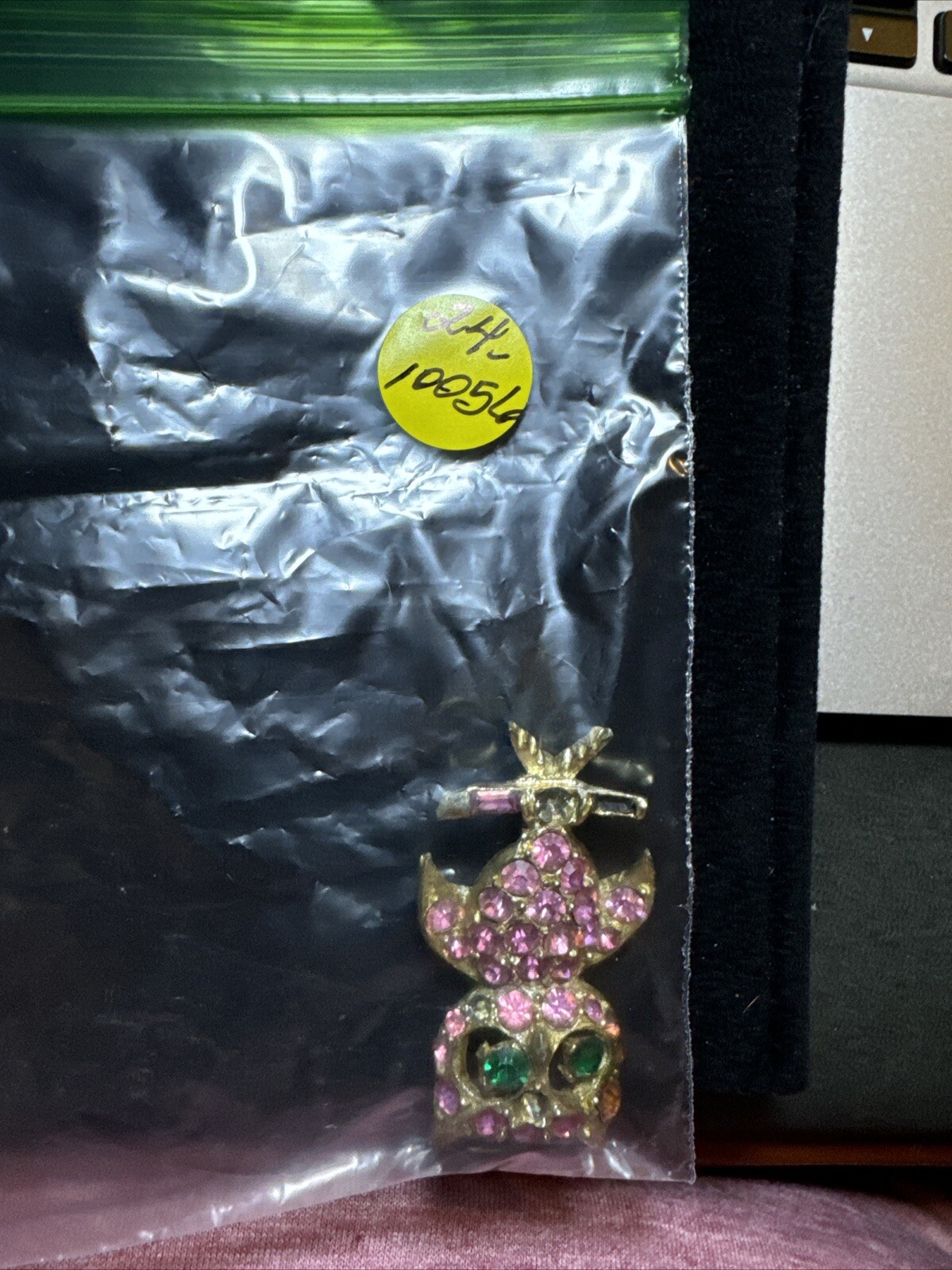PELL Pink Rhinestone Owl Green Crystal Eyes Brooch Pin Vintage