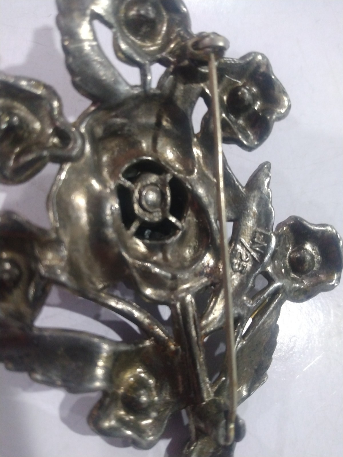 Little Nemo Rhinestone Brooch 1940s Clear Gun Metal Tone VTG Floral Bouquet 3.5″