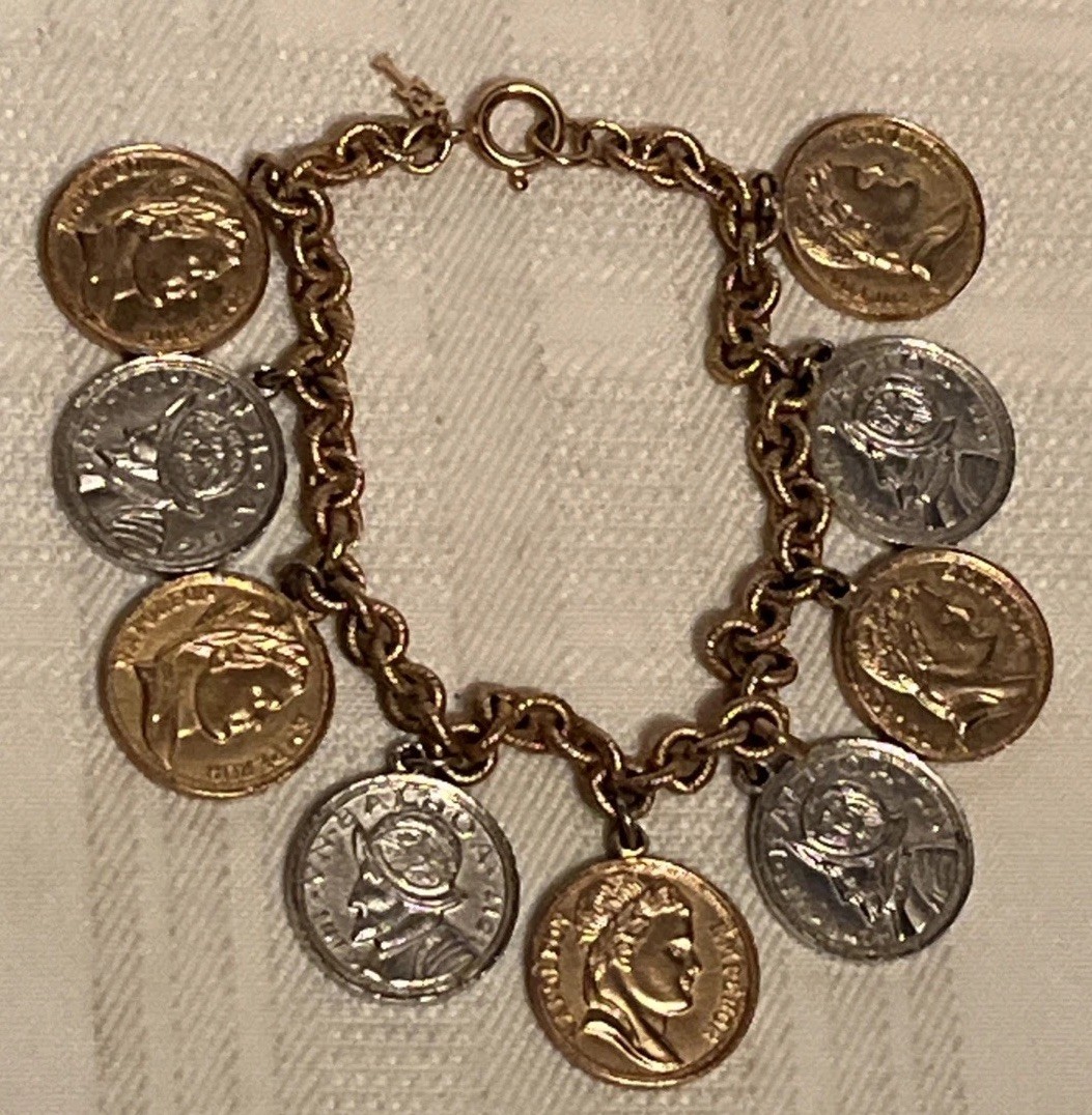 Vintage 1950s Coin Charm Bracelet Napoleon Coins Vasco Nunez de Balboa Coins 8″