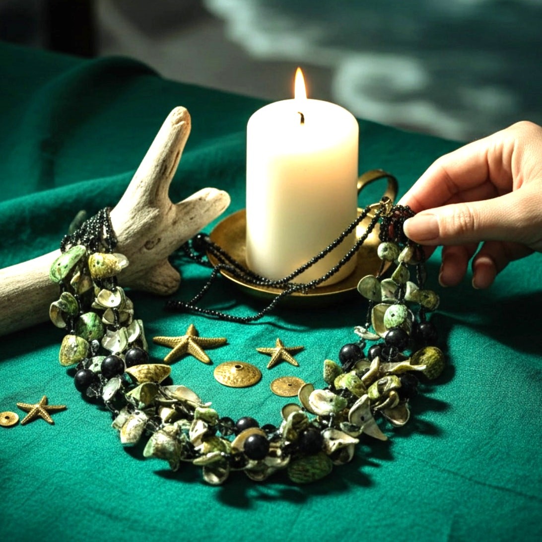Vintage Green Shell Multi-Strand Statement Necklace – Midnight Tide