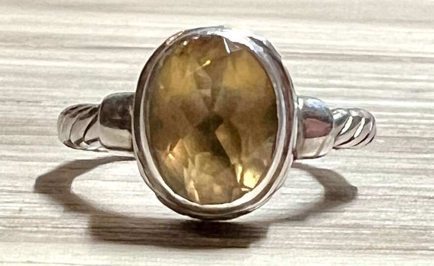 Vintage Designer Signed M ID Sterling Silver Twisted Cable Citrine Ring, Size 5