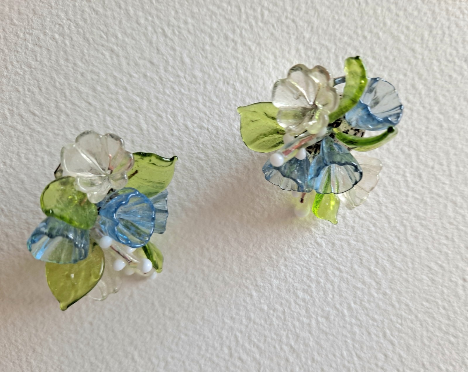 Vintage Italy Murano Blue Venetian Glass Flower Cluster Clip Earrings