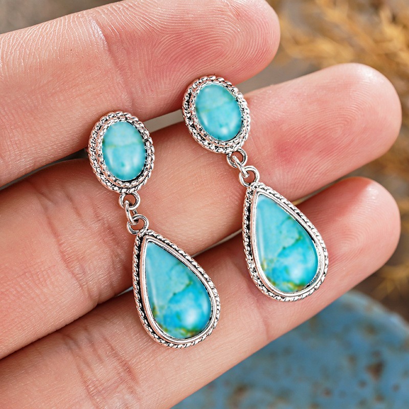Vintage Tibetan Silver Turquoise Teardrop Dangle Earrings Women Boho Bezel