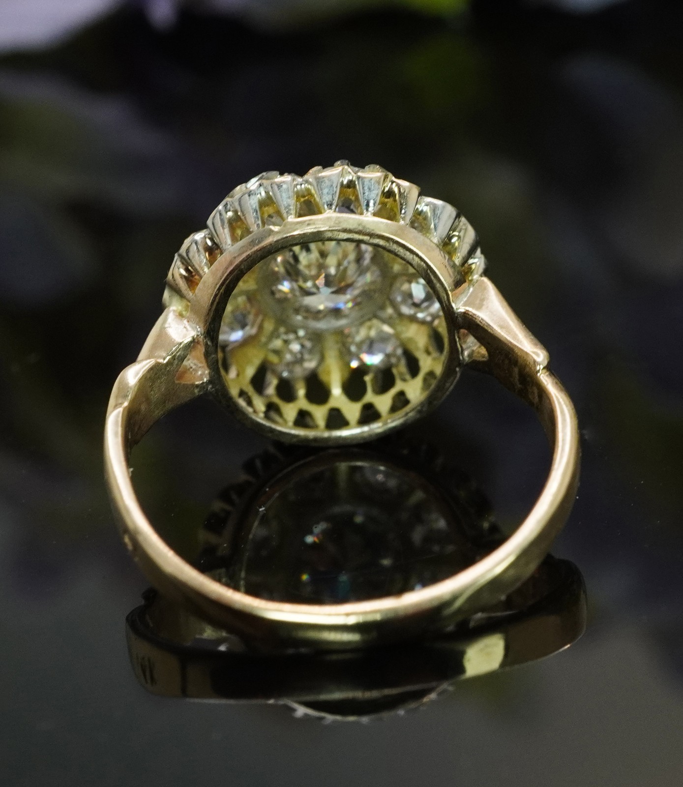Antique Victorian Old European Mine cut Diamond Filigree Halo Ring 14K Gold