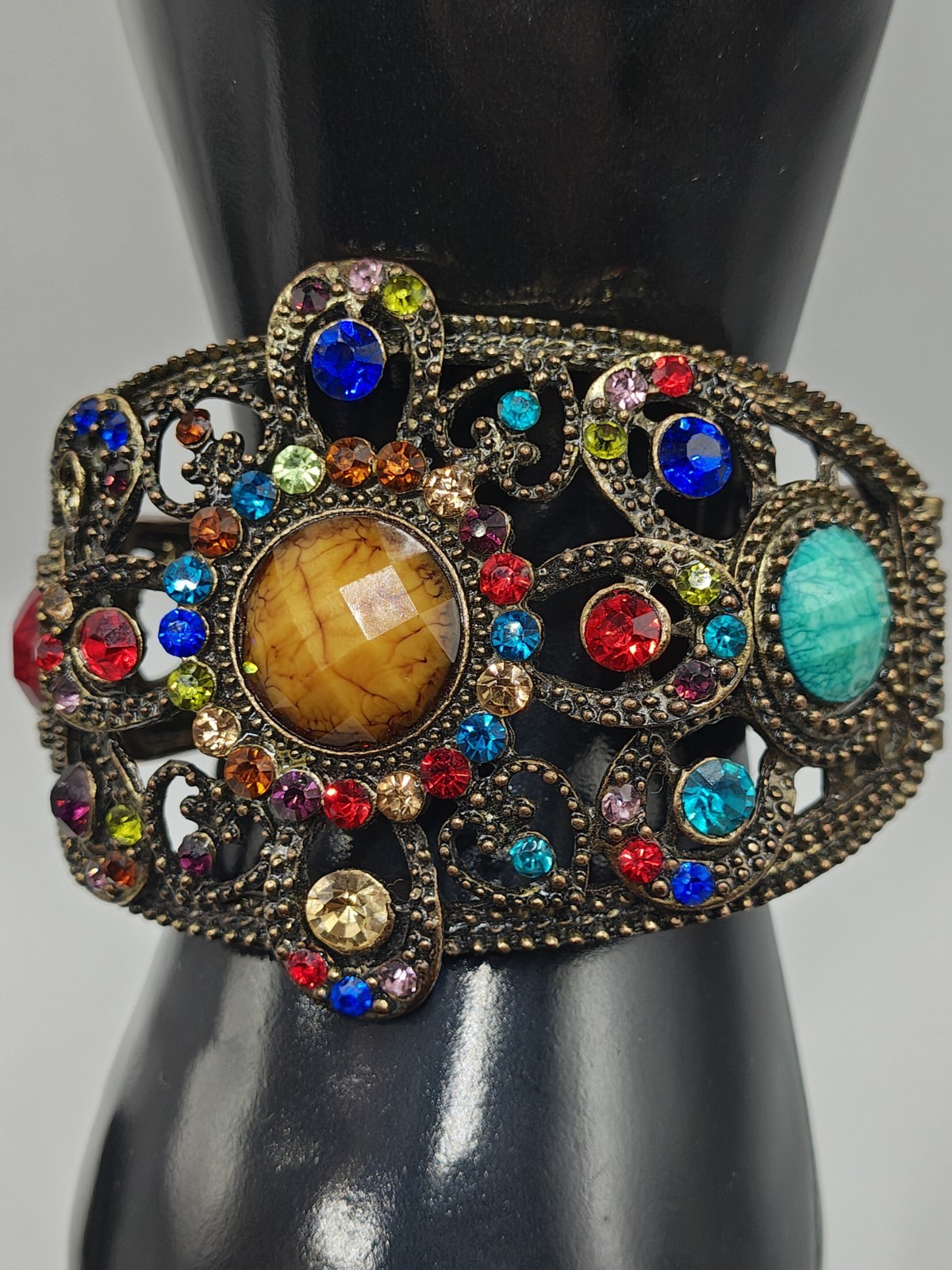 Vintage Red Blue Green Rhinestone Floral Filigree Heart Clamp Bracelet Size 6