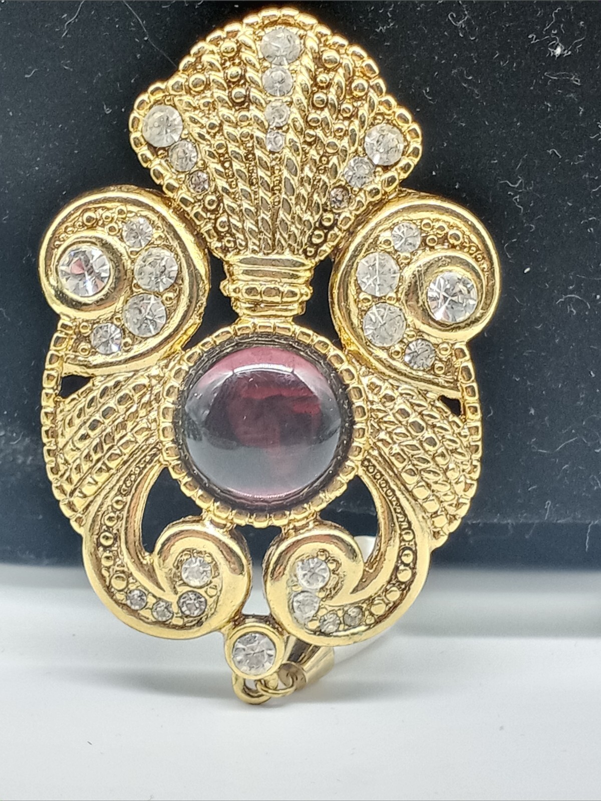 Jeff Lieb 1980s Goldtone Large Brooch Purple Cabachon And Faux Pearl Dangle