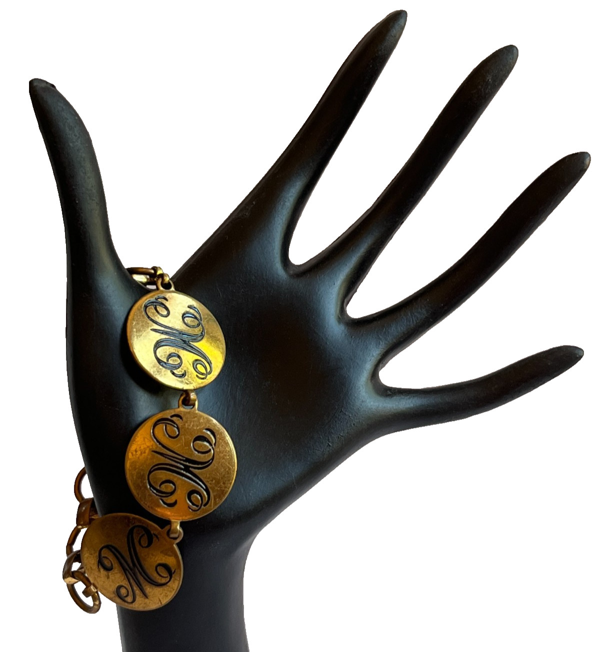 Vintage Brass Bronze Tone Initial Monogram Charm Link Bracelet 1950s MMW
