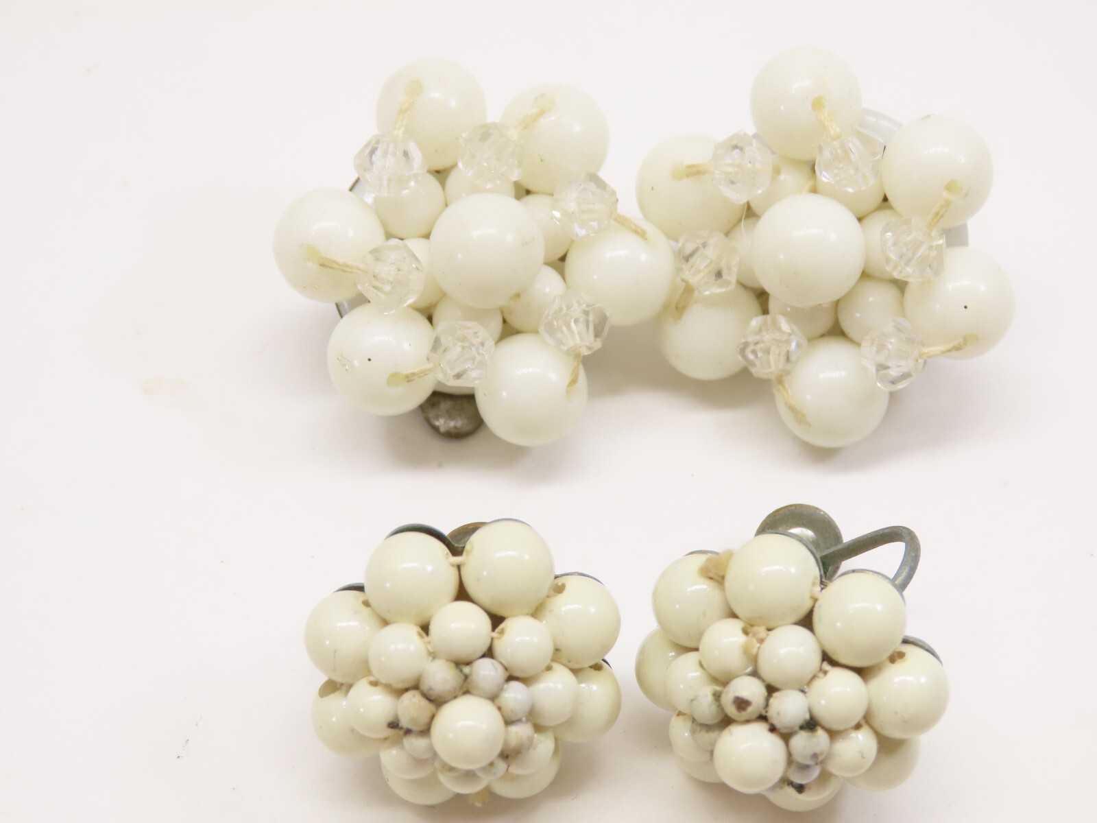 VTG Earrings Cluster Bead Clip On Some Japan Faux Pearl Lucite Plastic + D2542
