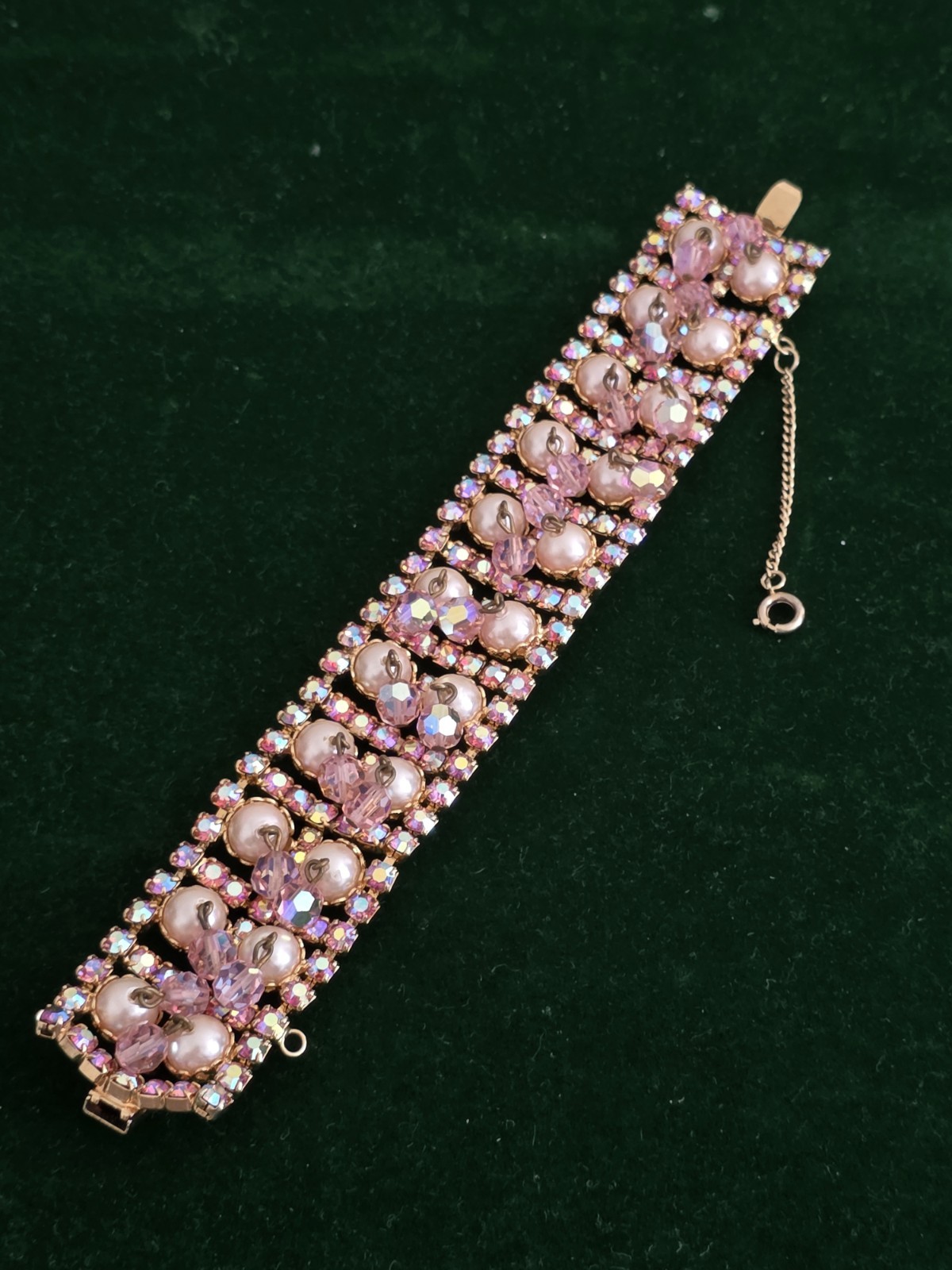 Vintage Pink Chacha Crystal Aurora Borealis Thick Bracelet