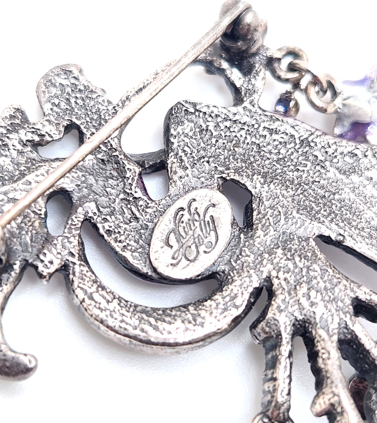 Kirks Folly Silver-Tone Wisteria Fairy Moon Purple Enamel Rhinestone Brooch