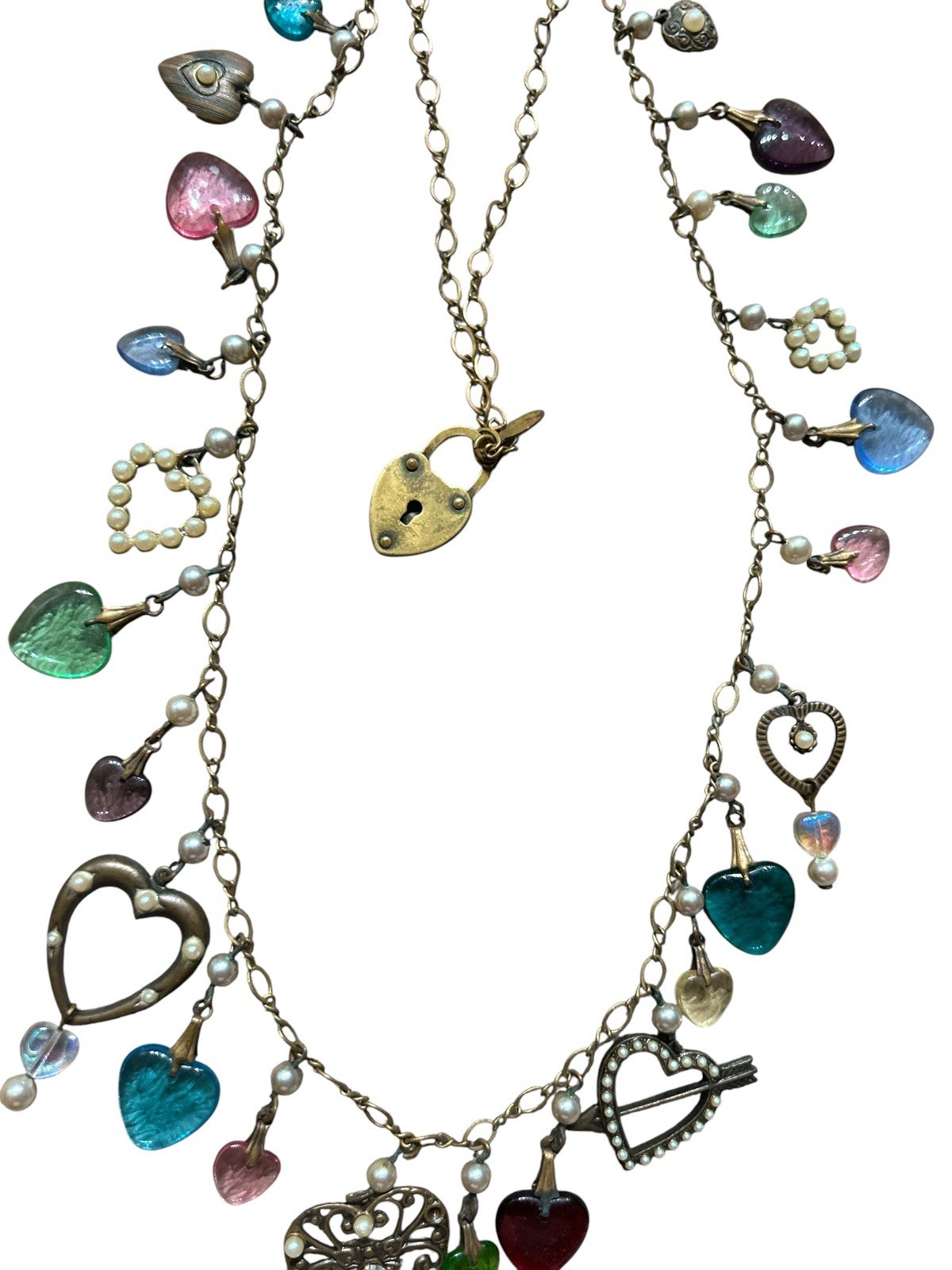 Vintage Signed Glassworks Studio Multi Charm Love Luck Fun Heart 27″ Necklace