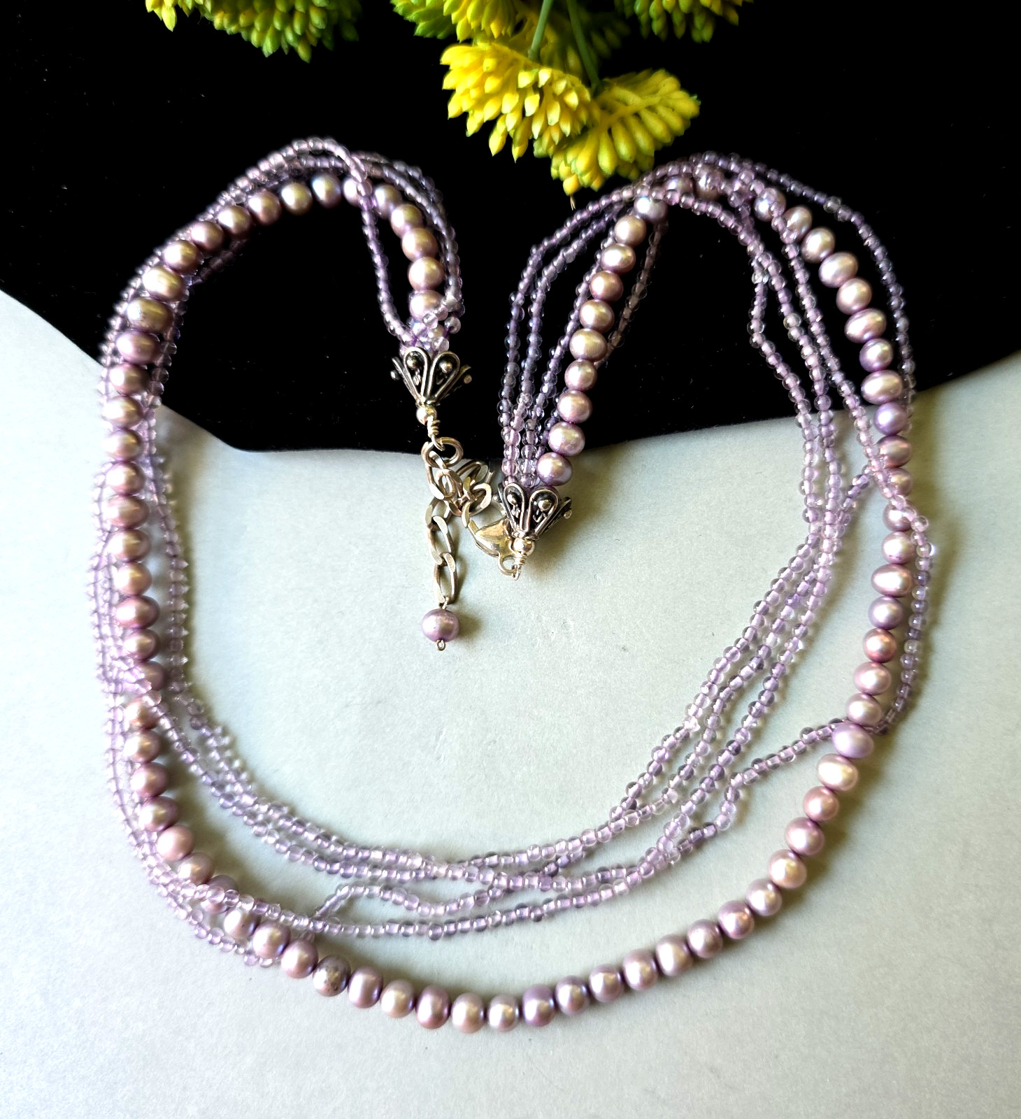 Vintage Sterling Silver Purple Dyed Freshwater Pearls Amethyst Necklace 18″ L