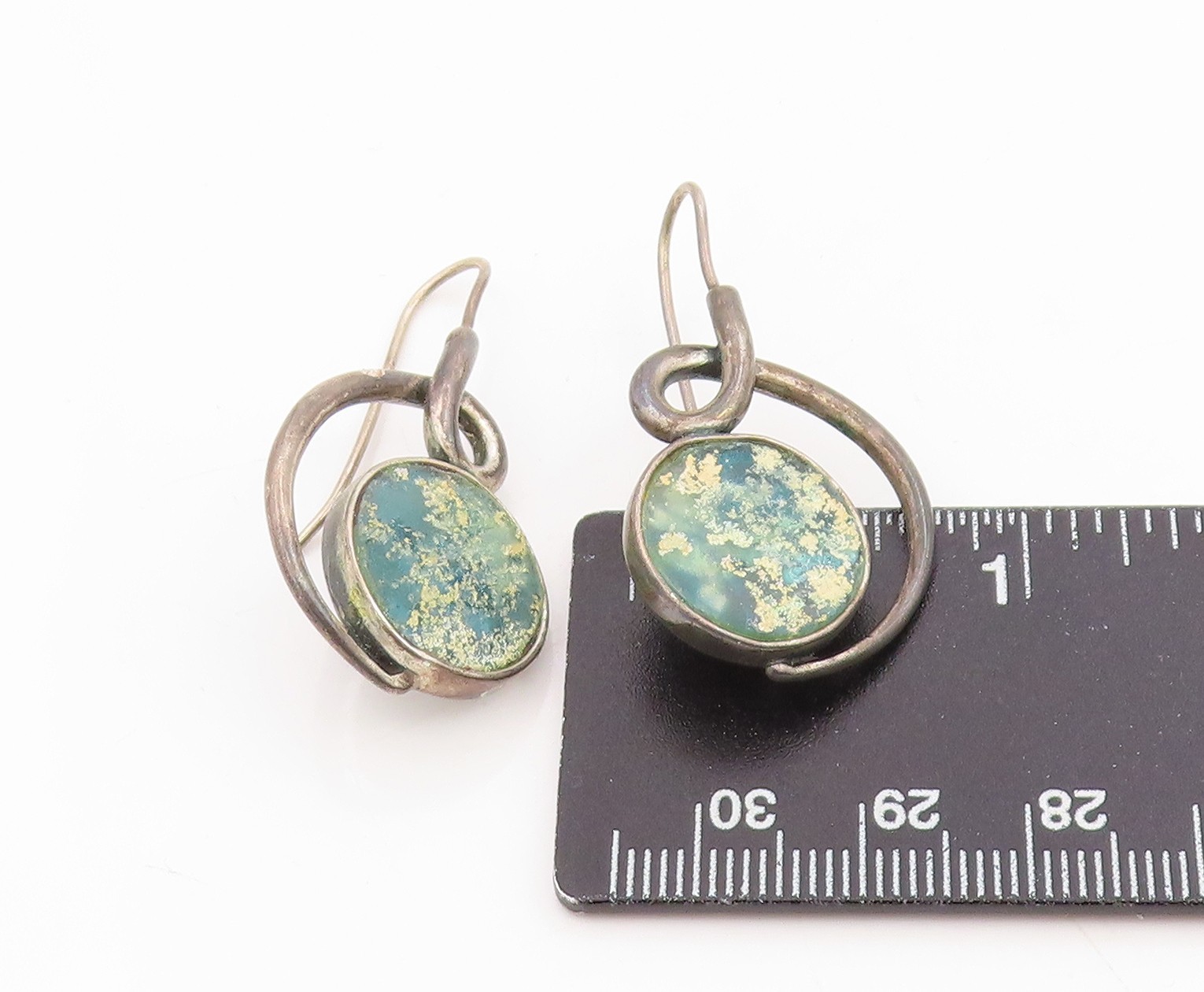 925 Sterling Silver Vintage Earrings BRURIA Classic Roman Glass Dangle EG14278