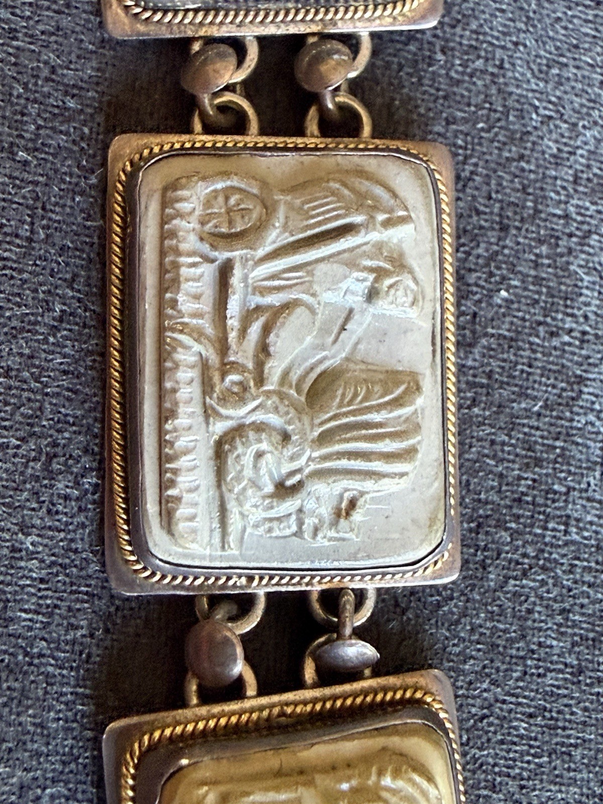 ANTIQUE 800 Silver 14KT GOLD CARVED Cameo SHELL DAYS OF THE WEEK BRACELET As Is