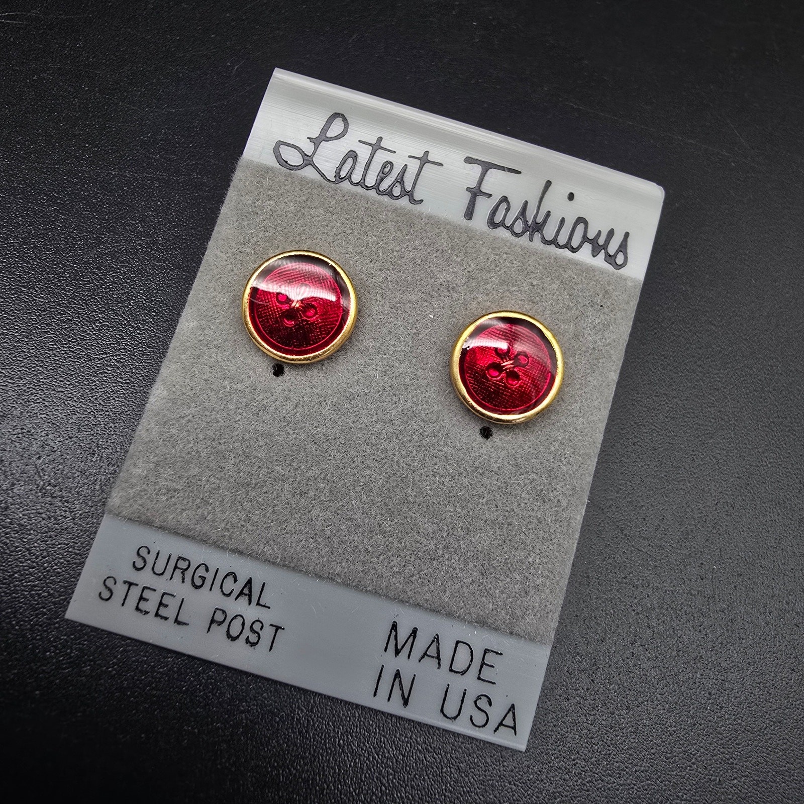 Red Enamel Button Stud Earrings Pierced Vintage 1980s 1990s NOS On Card