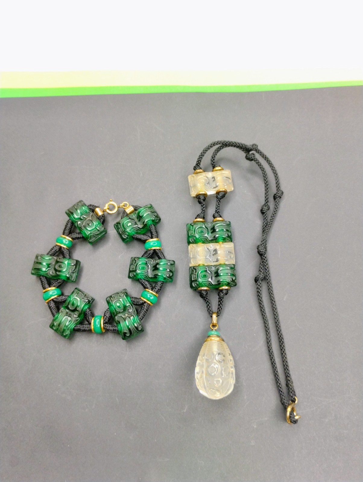 Antique 1920’s France Oreum Metal And Glass Necklace & Bracelet Set