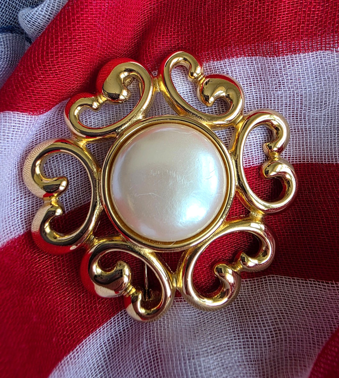 Vintage Signed Givenchy Brooch Pin Faux Pearl Open Work Gold Tone 2″