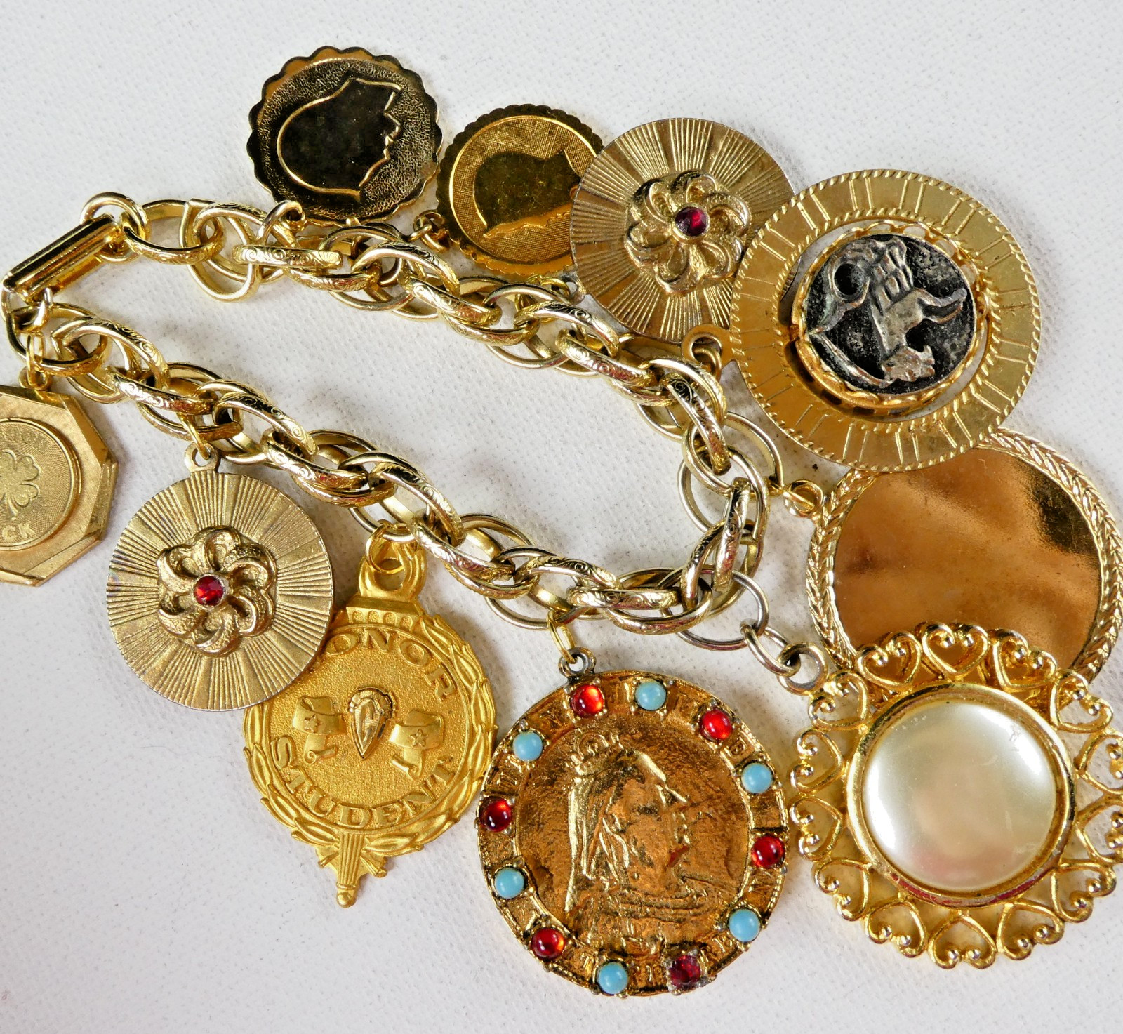 Vintage Heavy Charm Bracelet All Round Charms Gold Plated Engravable Good Luck