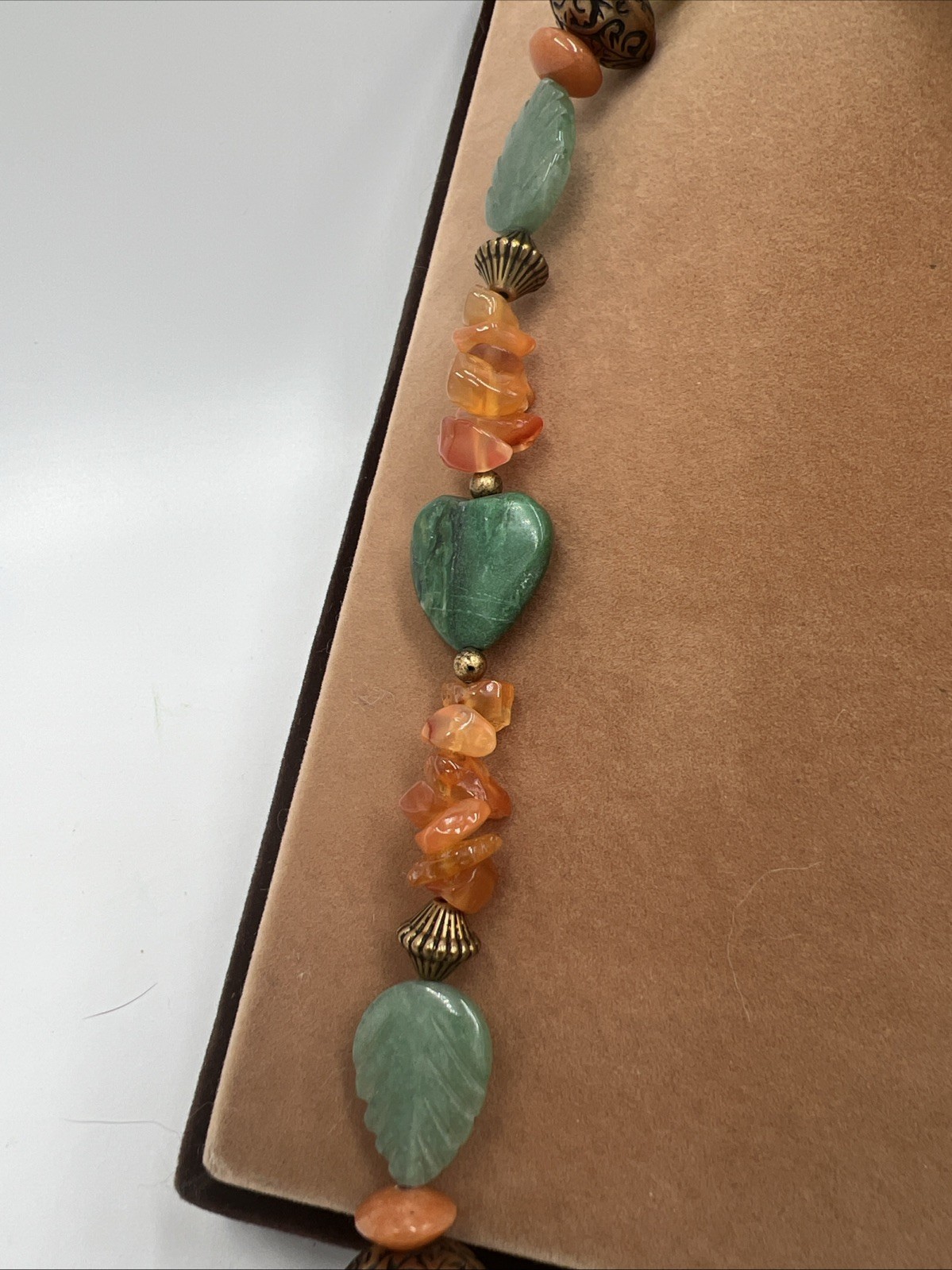 Vintage Leonard Craig Designer Necklace Real Stone Green Leaves Heart Longline