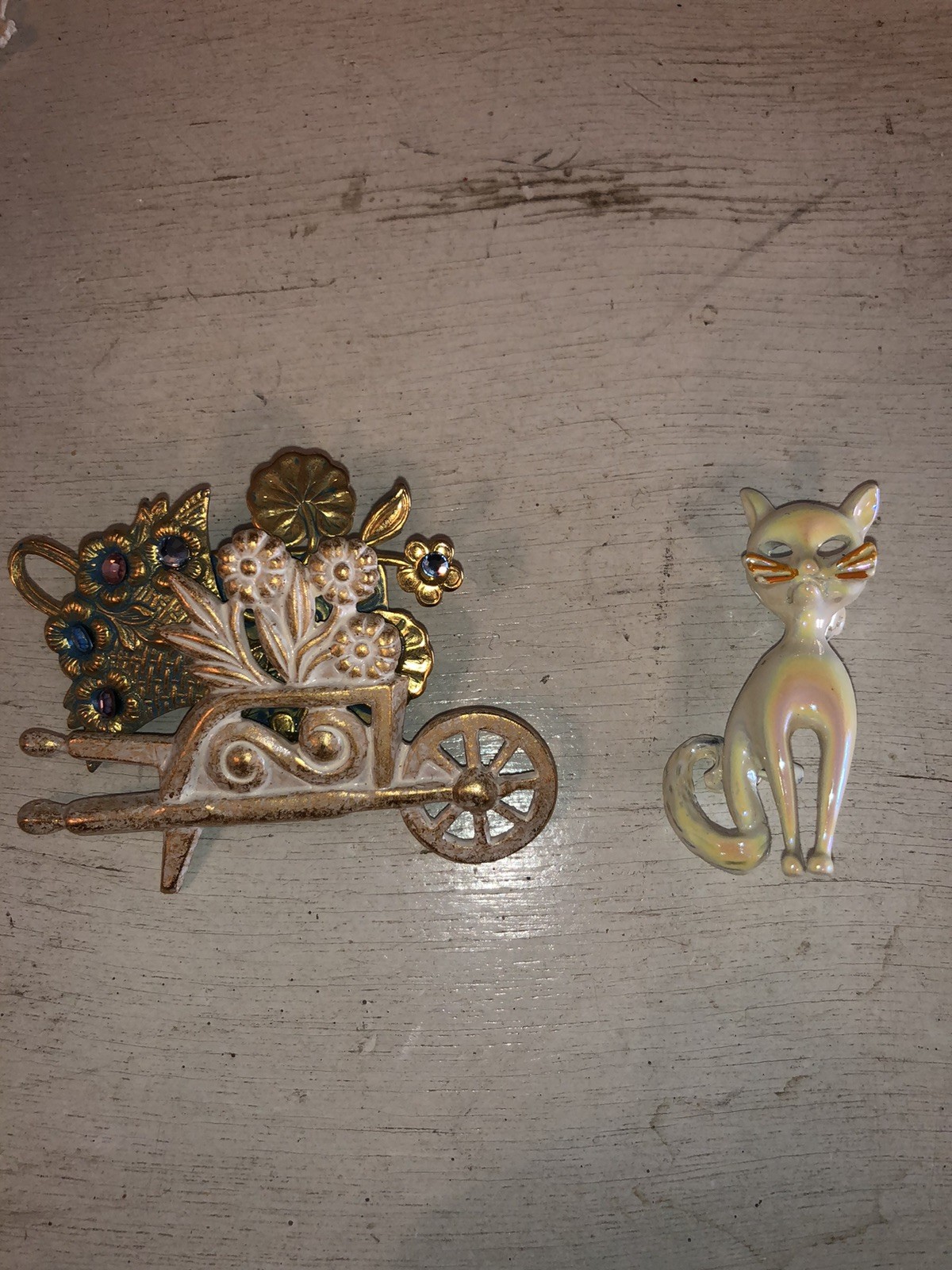 Two Vintage Brooches Flower Wheelbarrow & Iridescent White Cat Beautiful Pins