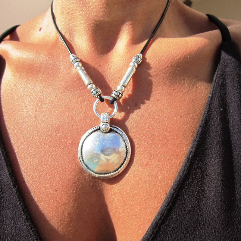 Boho Silver Tone Tribal Pendant Necklace Leather Cord Tribal Boho Tribal Choker