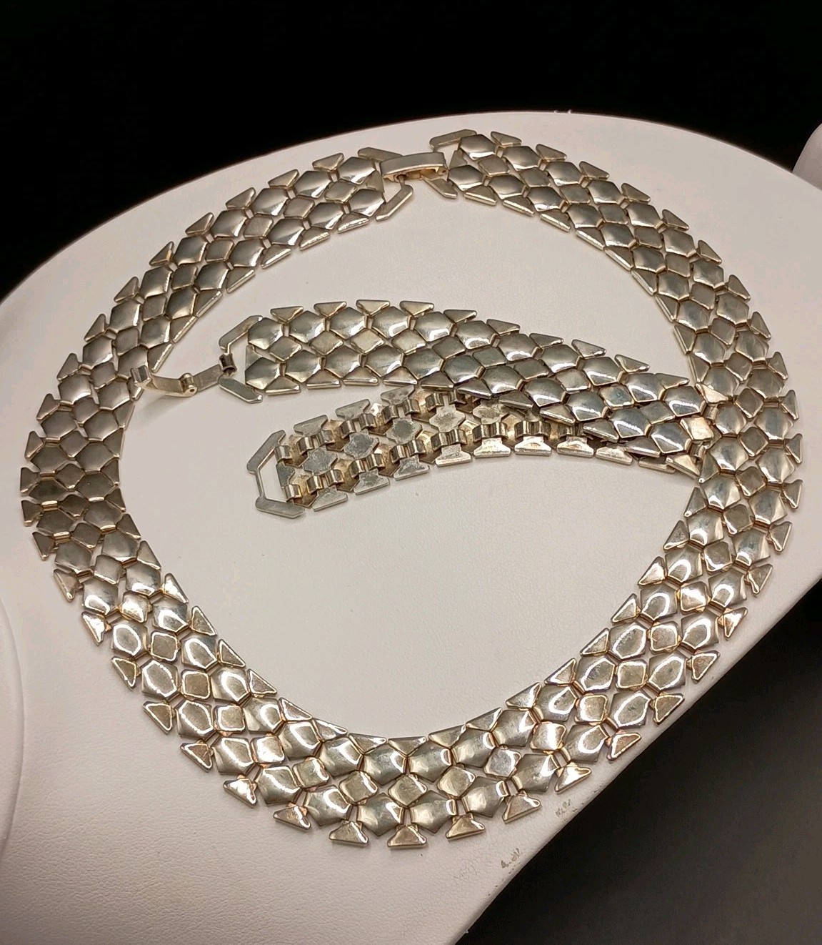 Vintage Wide Flat Mesh Link Silver Tone Choker Necklace Bracelet Set Couture