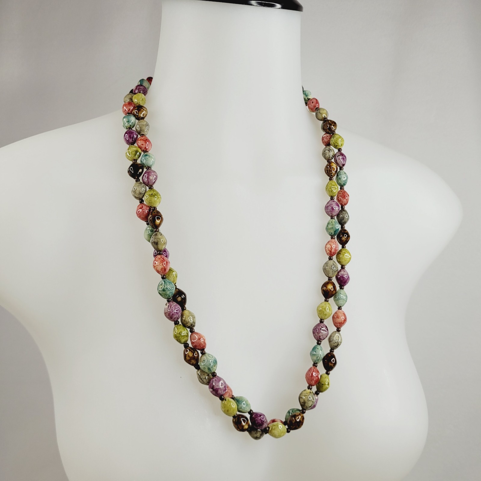Vintage Acrylic Lucite Beaded Necklace Multicolor Artsy Watercolor 54″ Long