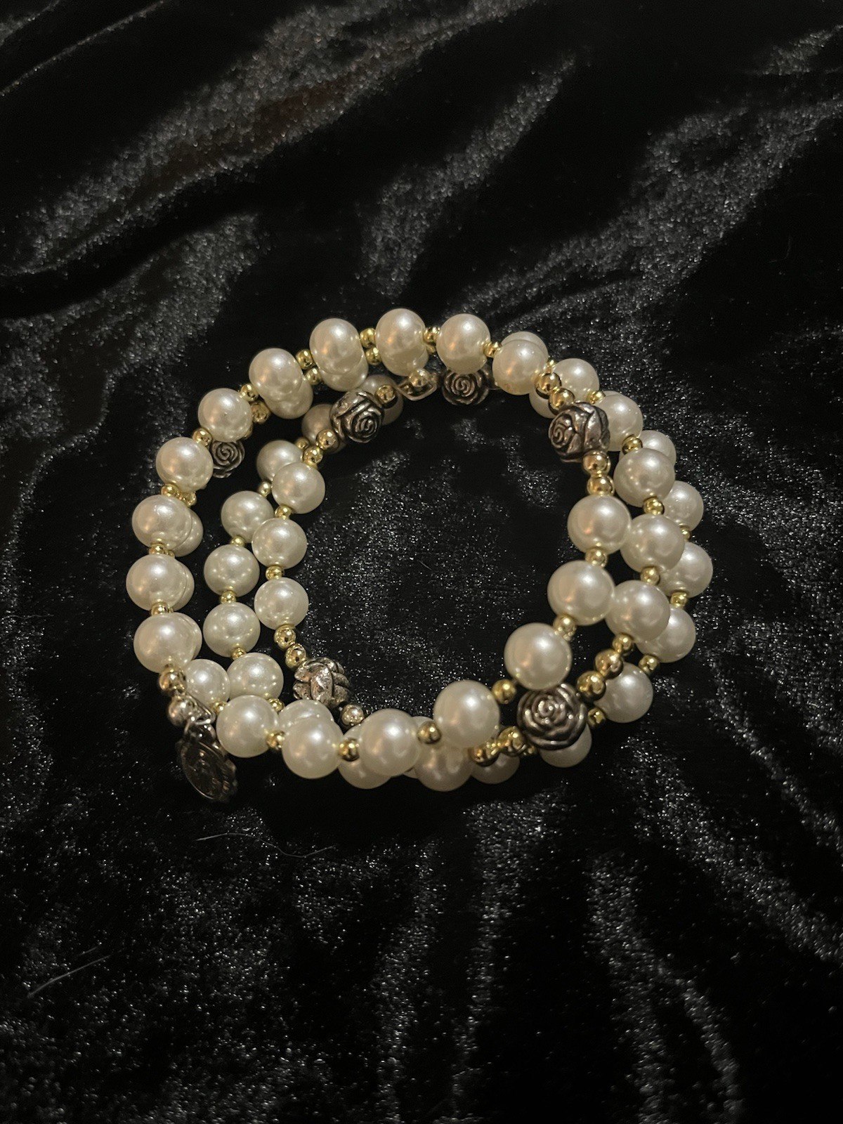 Vintage Faux Pearl Sterling Silver Coil Rosary Bracelet