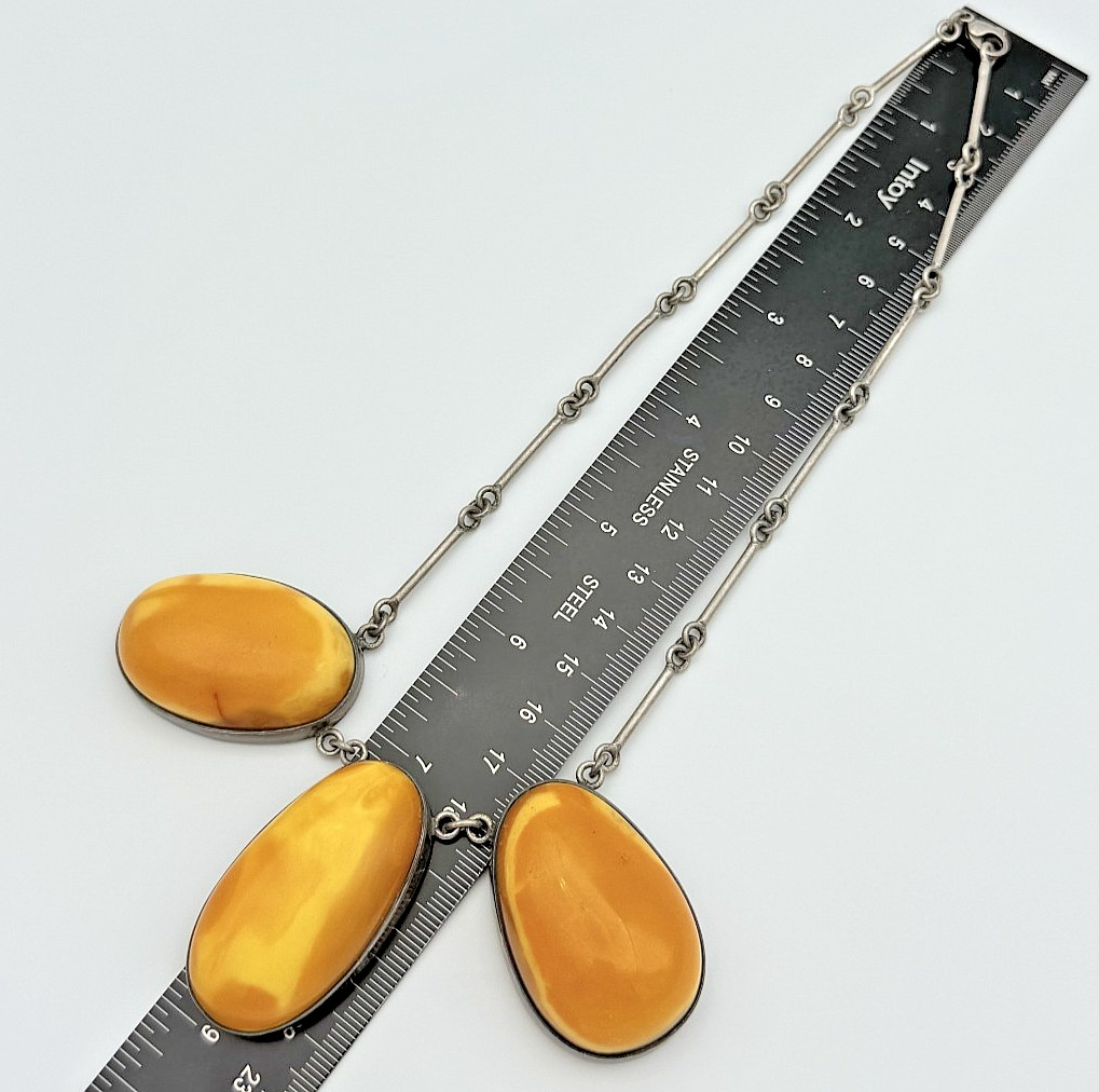 Vintage 925 Sterling Silver Large Butterscotch Amber Statement 3 Stone Necklace