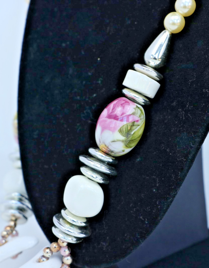 Floral Porcelain Pendant Necklace Faux Pearl Beads Statement Jewelry Pink Rose