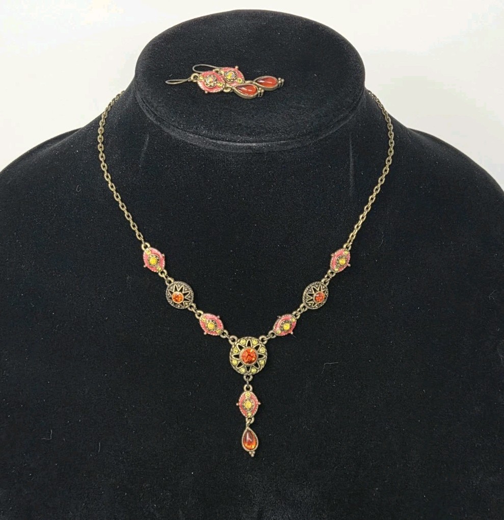 Orange Pink Yellow Y-Drop Necklace & Earring Set Rhinestones Enamel Bronze Tone