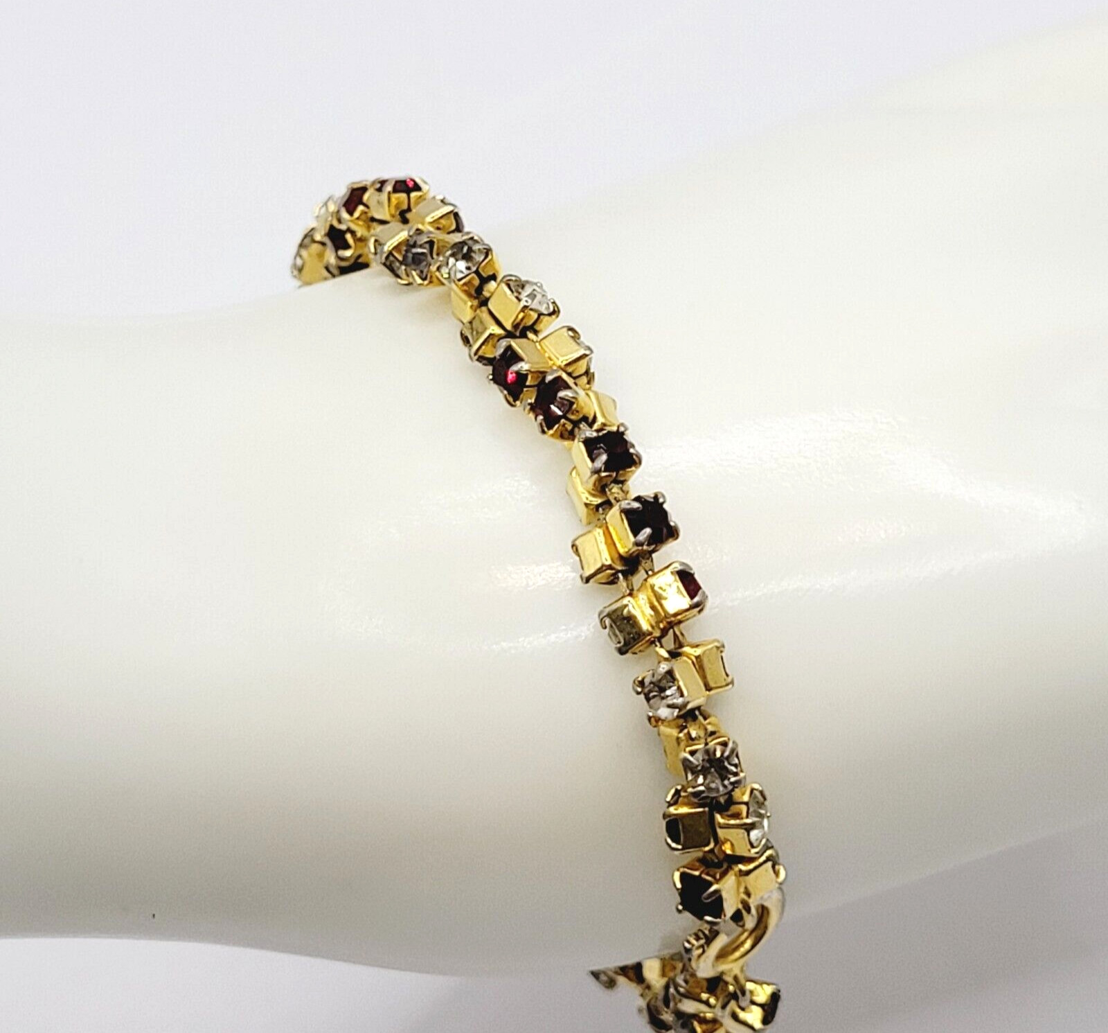 Unique Slightly Brutalist Style Gold Plated Bracelet Red White Rhinestone 7.5 In
