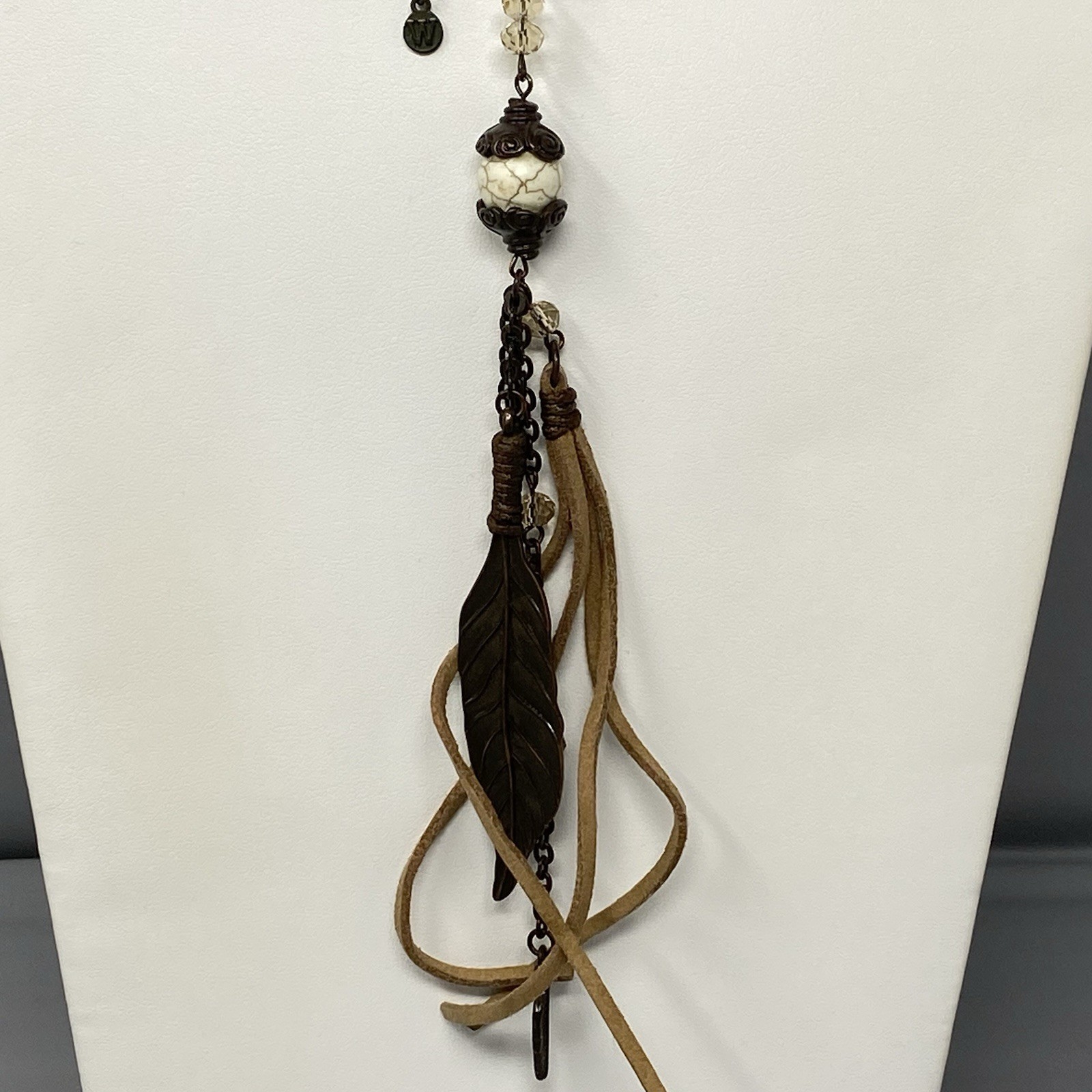 Bohemian Tassel Pendant Necklace Designer Assorted Gemstones Brown Chain 36″