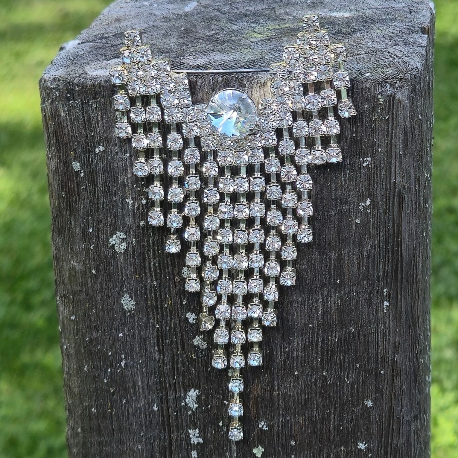 Antique Dramatic Rhinestone Brooch Cascading Fringe Rivoli Center Stone art deco
