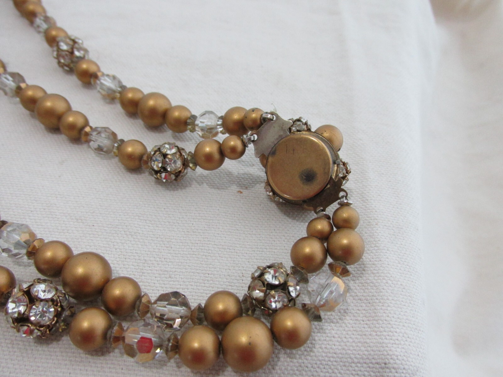 Vtg Necklace Matte Gold Beads Beaded Rhinestones Crystal Double Strand Ornate