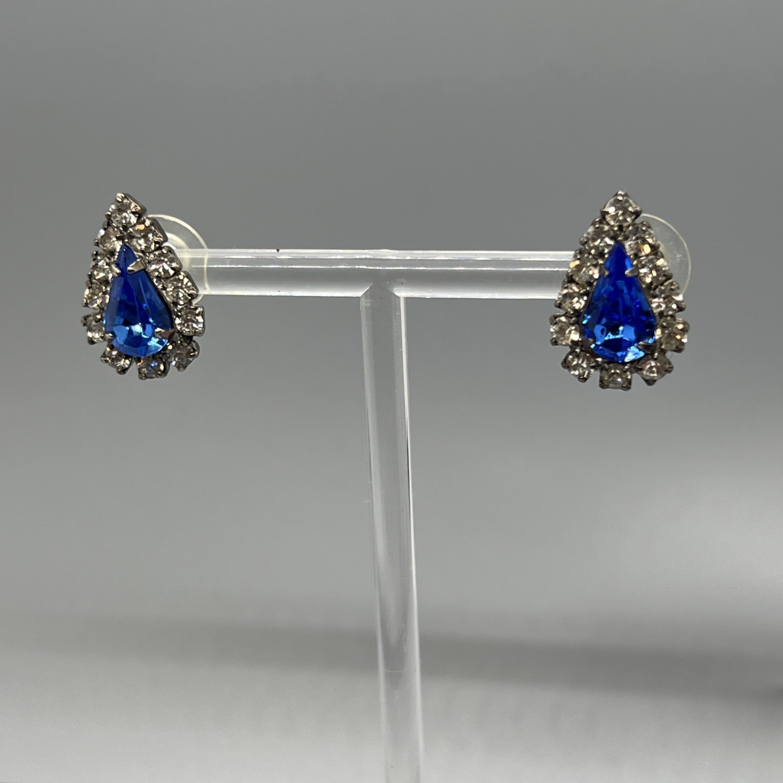 Vintage Teardrop Rhinestone Earrings Blue & Clear Crystal Accent Post Pierced El