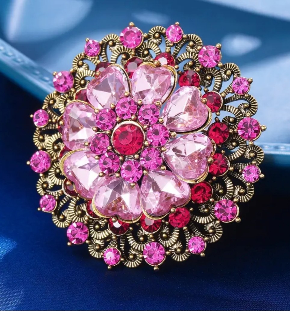 BIG PINK ROSE RHINESTONE ART DECO FLOWER BROOCH PIN~MOTHER’S DAY~BIRTHDAY GIFT